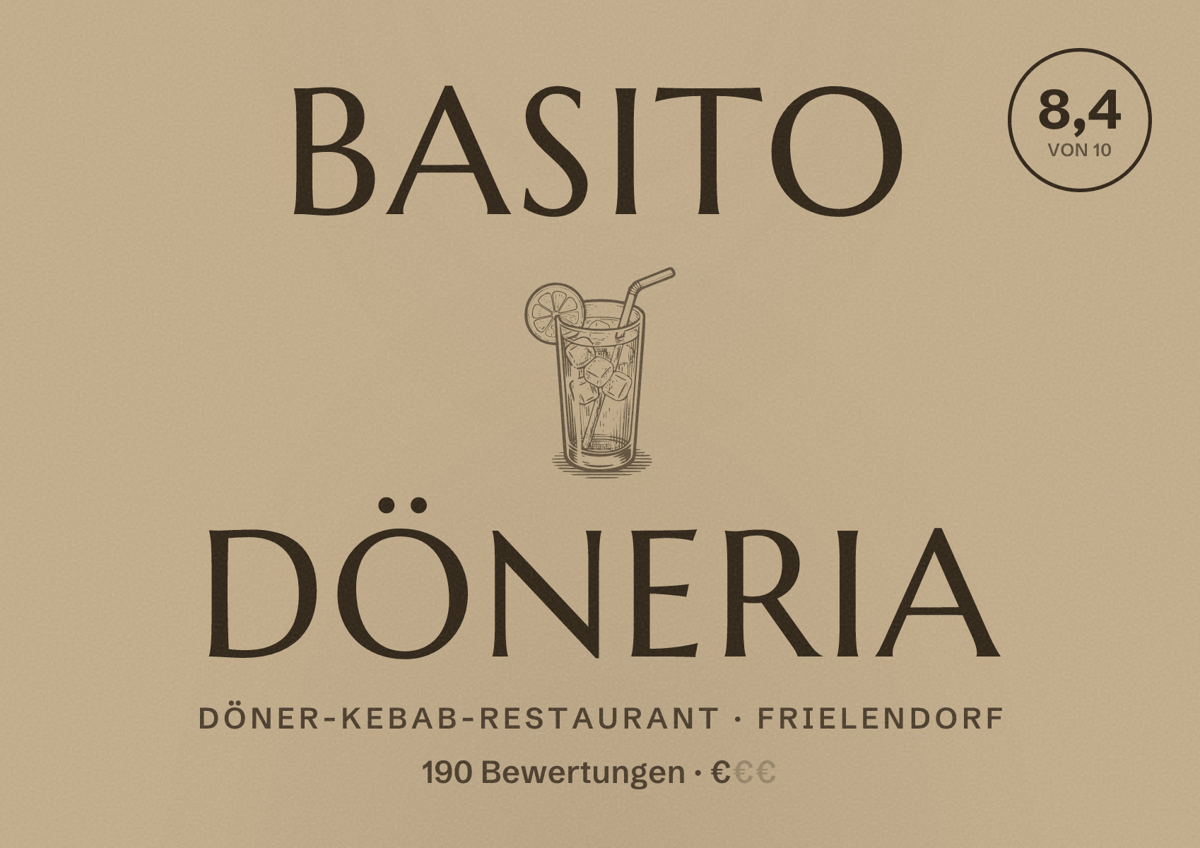 Illustriertes Poster von Basito Döneria, Döner-Kebab-Restaurant in Frielendorf: Bewertung 8,4 von 10 aus 190 Bewertungen, Preisniveau €