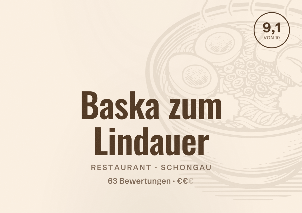 Illustriertes Poster von Baska zum Lindauer, Restaurant in Schongau: Bewertung 9,1 von 10 aus 63 Bewertungen, Preisniveau €€