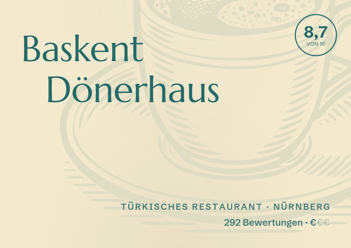 Illustriertes Poster von Baskent Dönerhaus, Türkisches Restaurant in Nürnberg: Bewertung 8,7 von 10 aus 292 Bewertungen, Preisniveau €