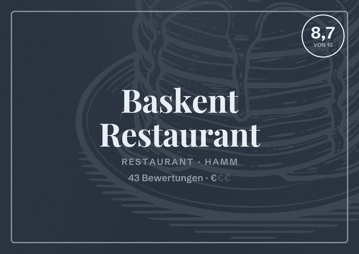 Illustriertes Poster von Baskent Restaurant, Restaurant in Hamm: Bewertung 8,7 von 10 aus 43 Bewertungen, Preisniveau €