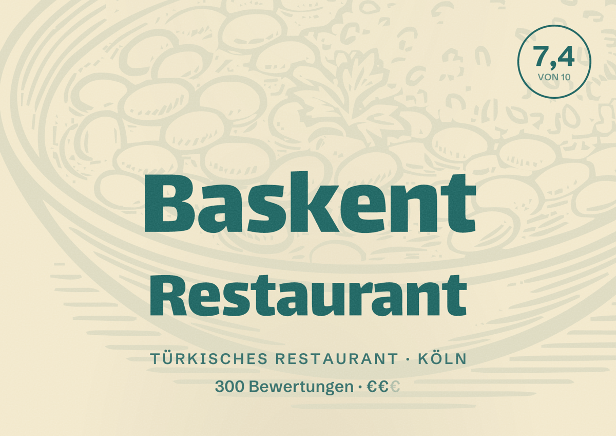 Illustriertes Poster von Baskent Restaurant, Türkisches Restaurant in Köln: Bewertung 7,4 von 10 aus 300 Bewertungen, Preisniveau €€