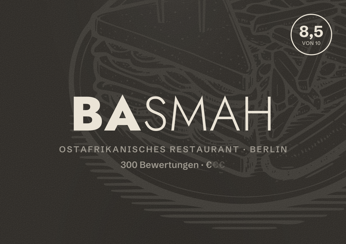 Illustriertes Poster von Basmah, Ostafrikanisches Restaurant in Berlin: Bewertung 8,5 von 10 aus 300 Bewertungen, Preisniveau €
