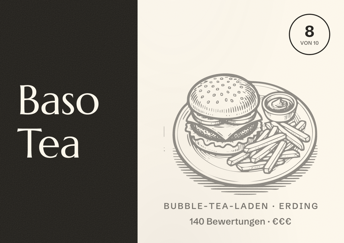Illustriertes Poster von Baso Tea, Bubble-Tea-Laden in Erding: Bewertung 8 von 10 aus 140 Bewertungen, Preisniveau €€€