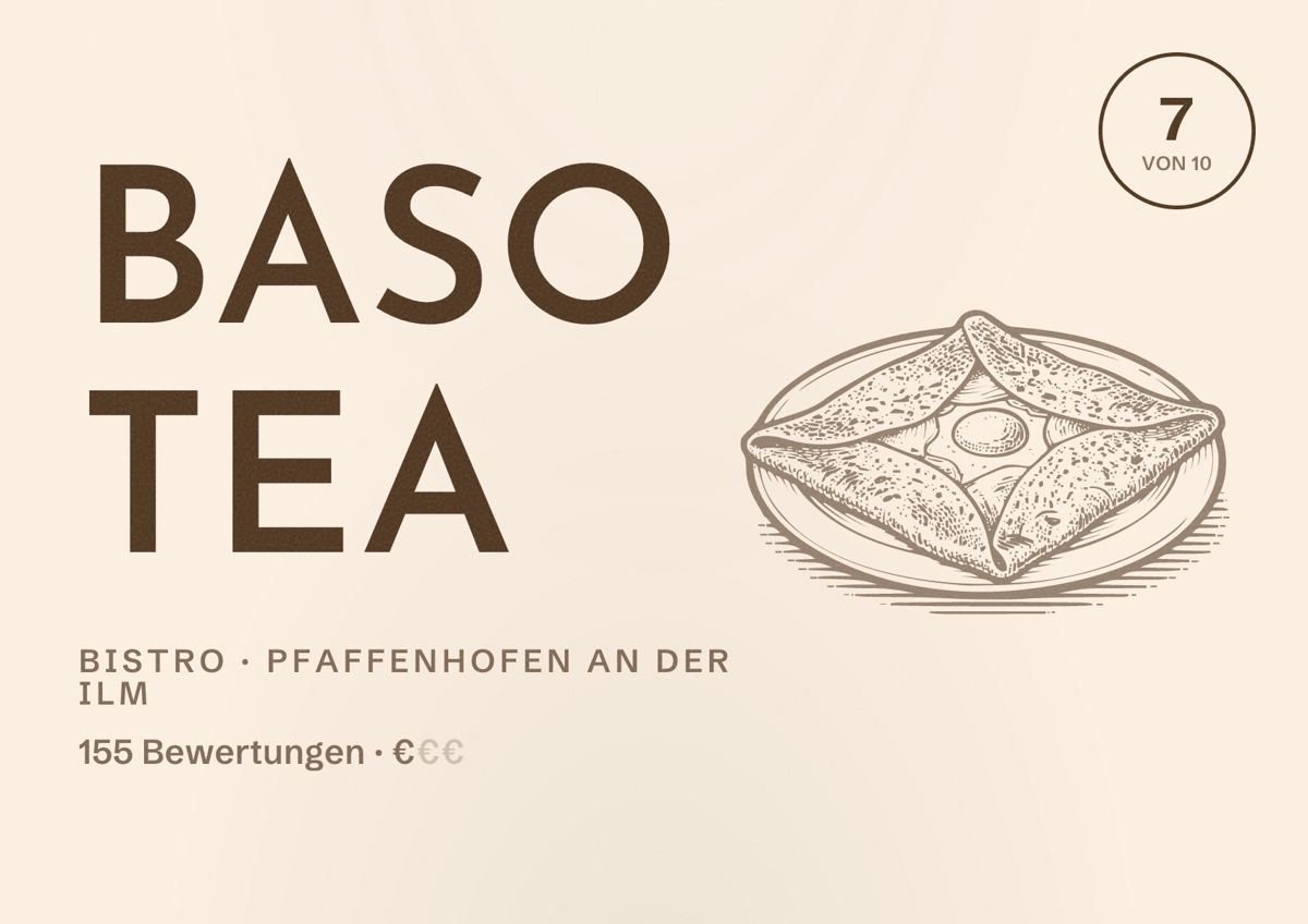 Illustriertes Poster von Baso Tea, Bistro in Pfaffenhofen an der Ilm: Bewertung 7 von 10 aus 155 Bewertungen, Preisniveau €