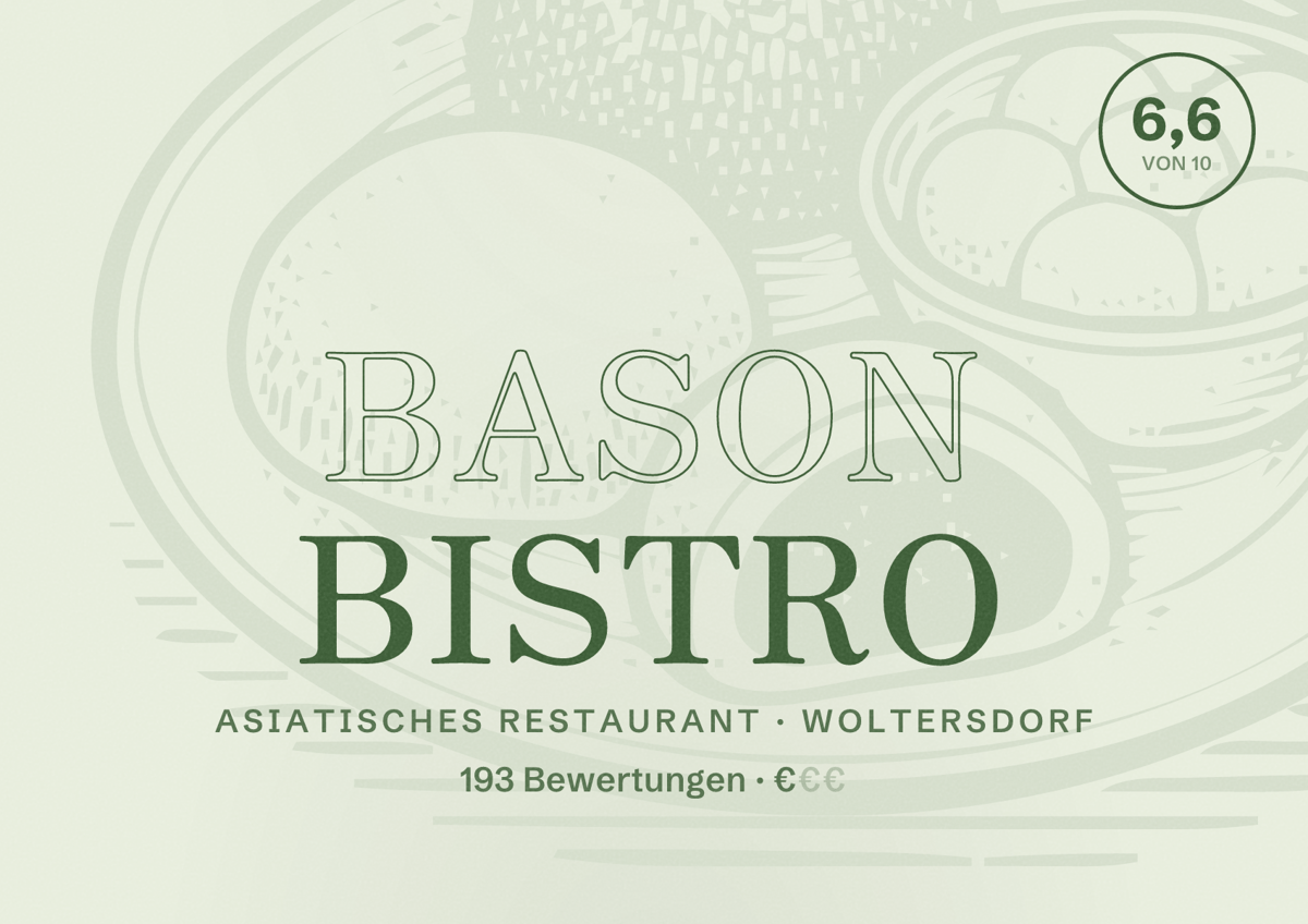 Illustriertes Poster von Bason Bistro, Asiatisches Restaurant in Woltersdorf: Bewertung 6,6 von 10 aus 193 Bewertungen, Preisniveau €