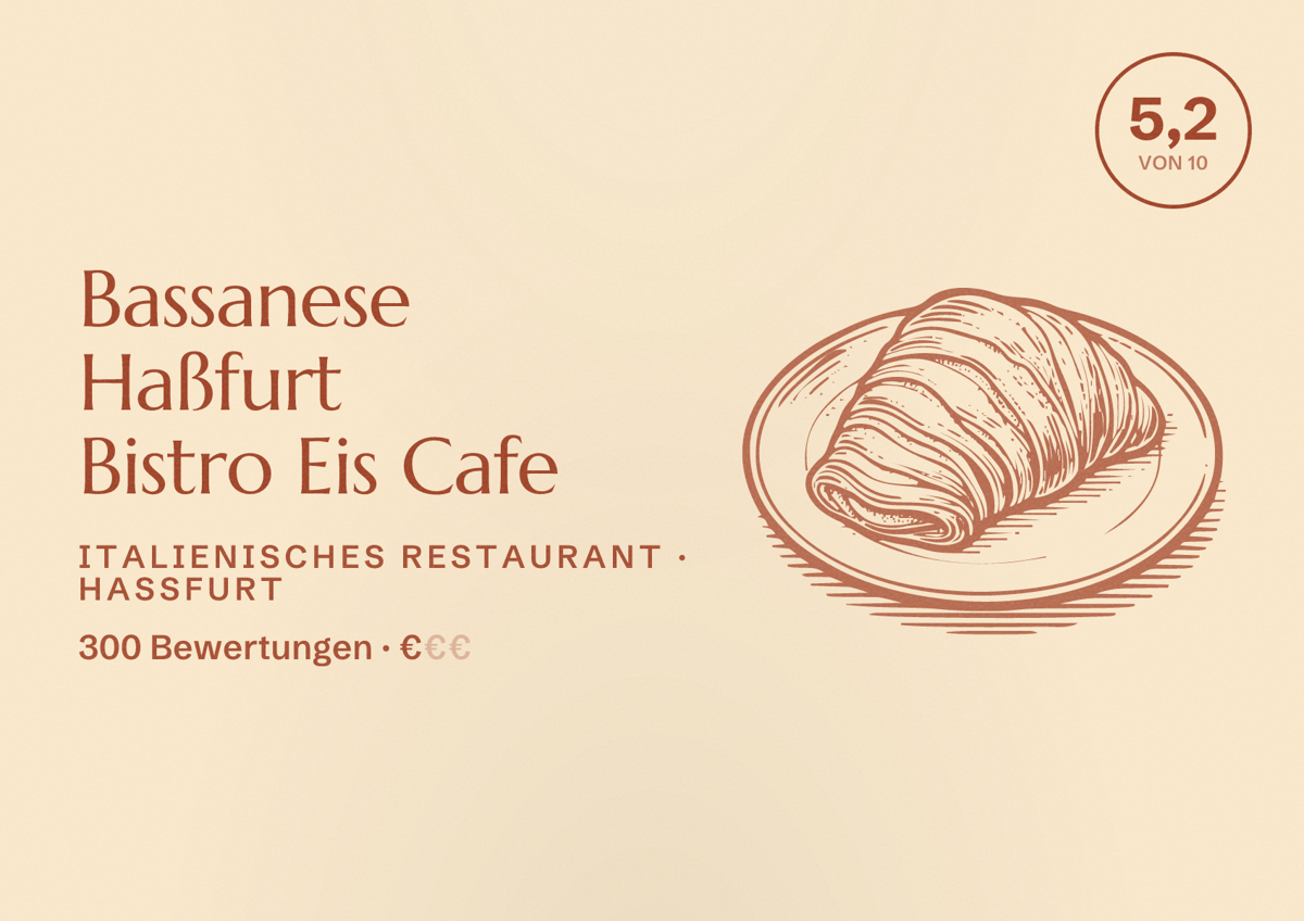 Illustriertes Poster von Bassanese Haßfurt Bistro Eis Cafe, Italienisches Restaurant in Haßfurt: Bewertung 5,2 von 10 aus 300 Bewertungen, Preisniveau €