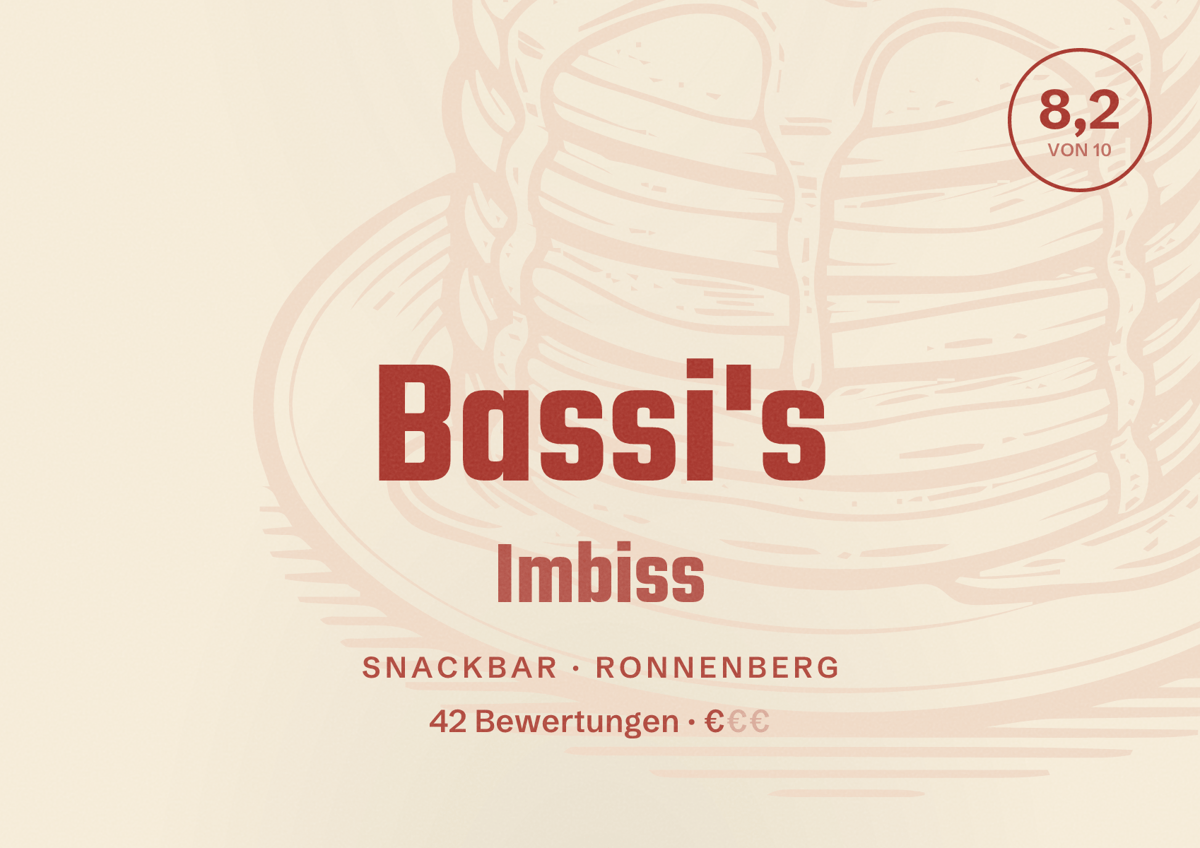 Illustriertes Poster von Bassi's Imbiss, Snackbar in Ronnenberg: Bewertung 8,2 von 10 aus 42 Bewertungen, Preisniveau €