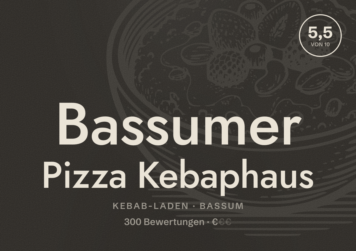 Illustriertes Poster von Bassumer Pizza Kebaphaus, Kebab-Laden in Bassum: Bewertung 5,5 von 10 aus 300 Bewertungen, Preisniveau €