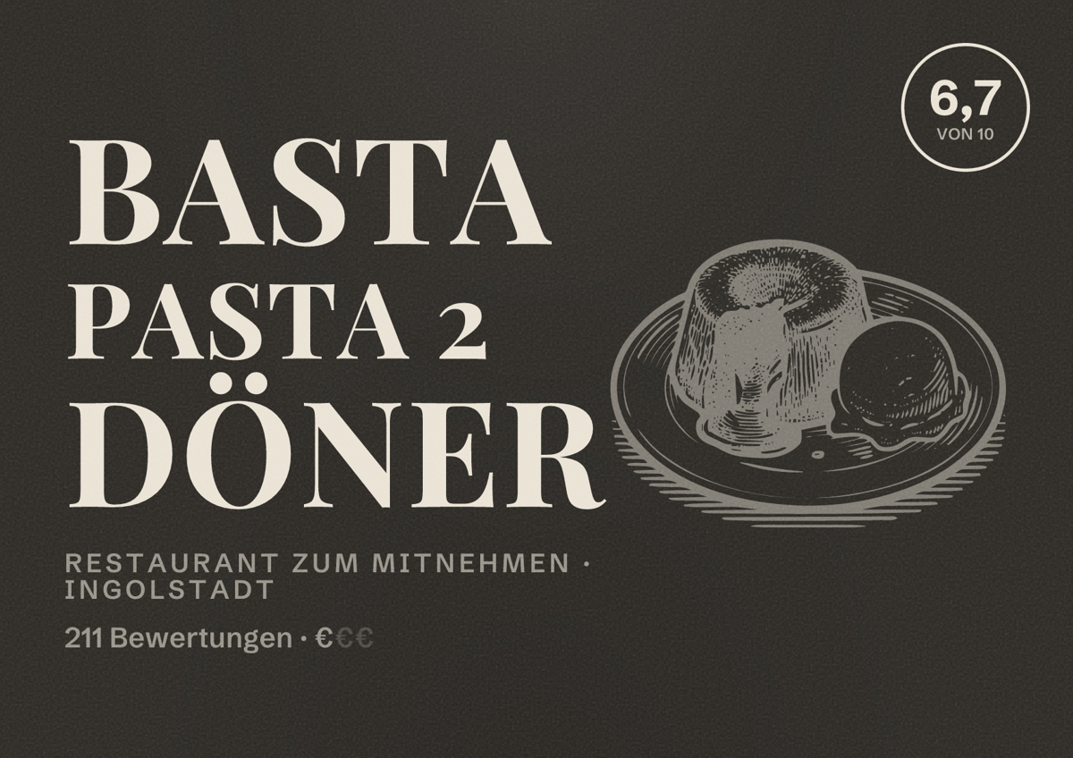 Illustriertes Poster von Basta Pasta 2 Döner, Restaurant zum Mitnehmen in Ingolstadt: Bewertung 6,7 von 10 aus 211 Bewertungen, Preisniveau €