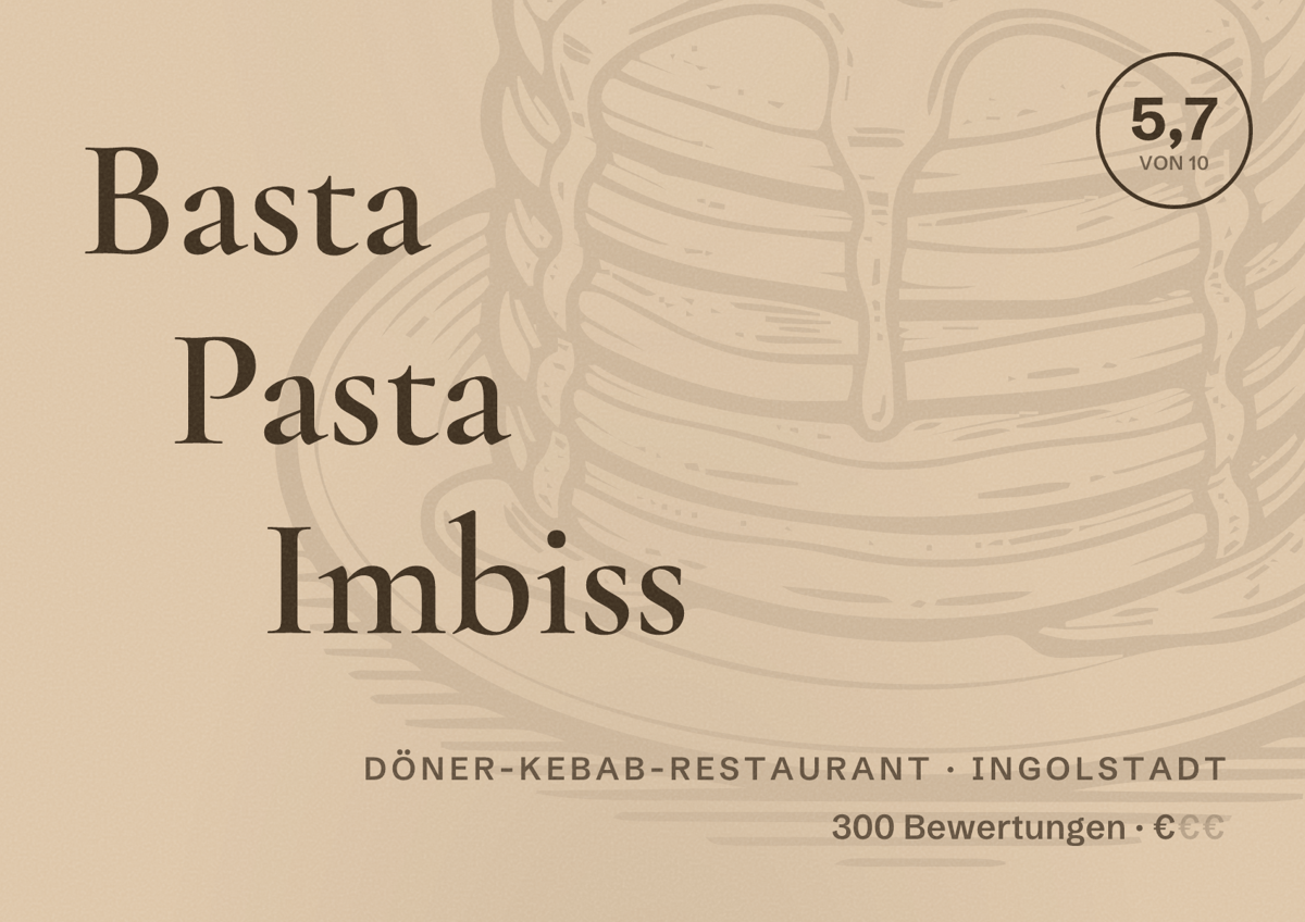Illustriertes Poster von Basta Pasta Imbiss, Döner-Kebab-Restaurant in Ingolstadt: Bewertung 5,7 von 10 aus 300 Bewertungen, Preisniveau €