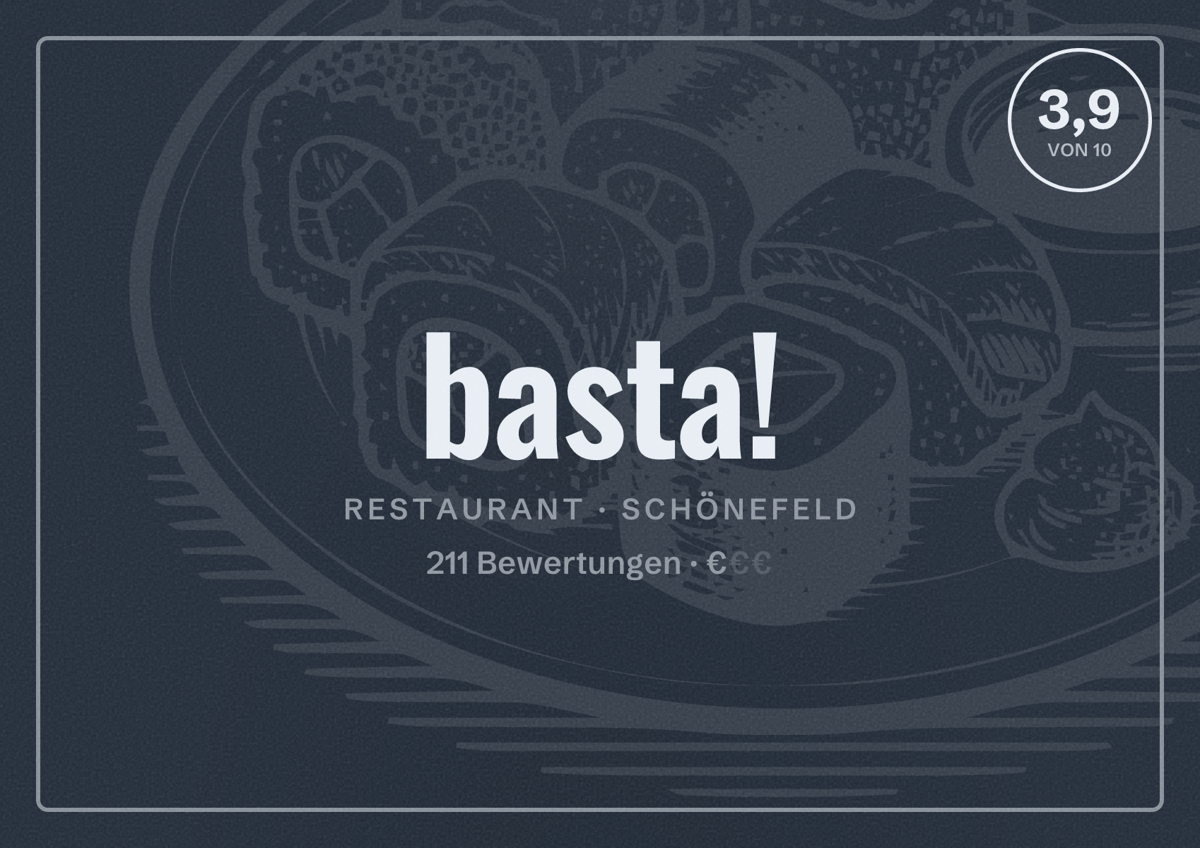 Illustriertes Poster von basta!, Restaurant in Schönefeld: Bewertung 3,9 von 10 aus 211 Bewertungen, Preisniveau €