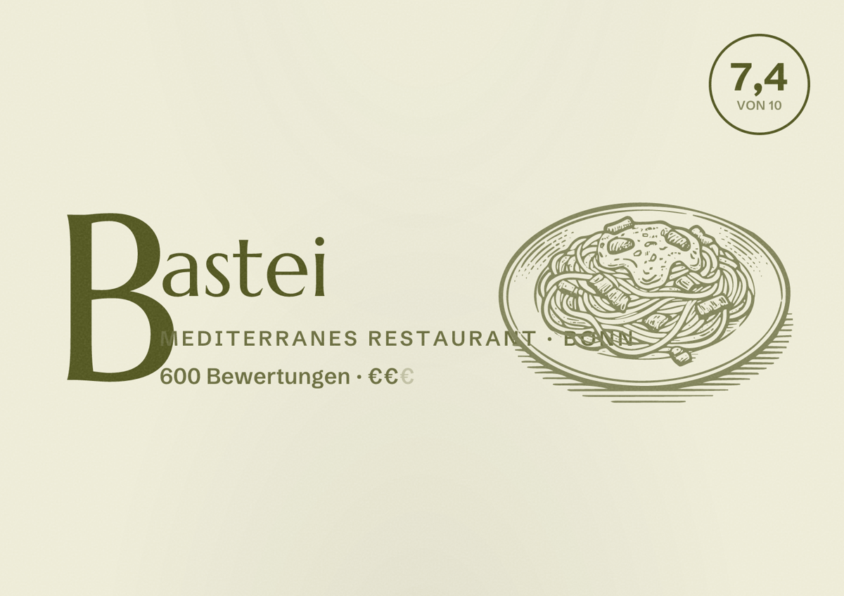 Illustriertes Poster von Bastei, Mediterranes Restaurant in Bonn: Bewertung 7,4 von 10 aus 600 Bewertungen, Preisniveau €€