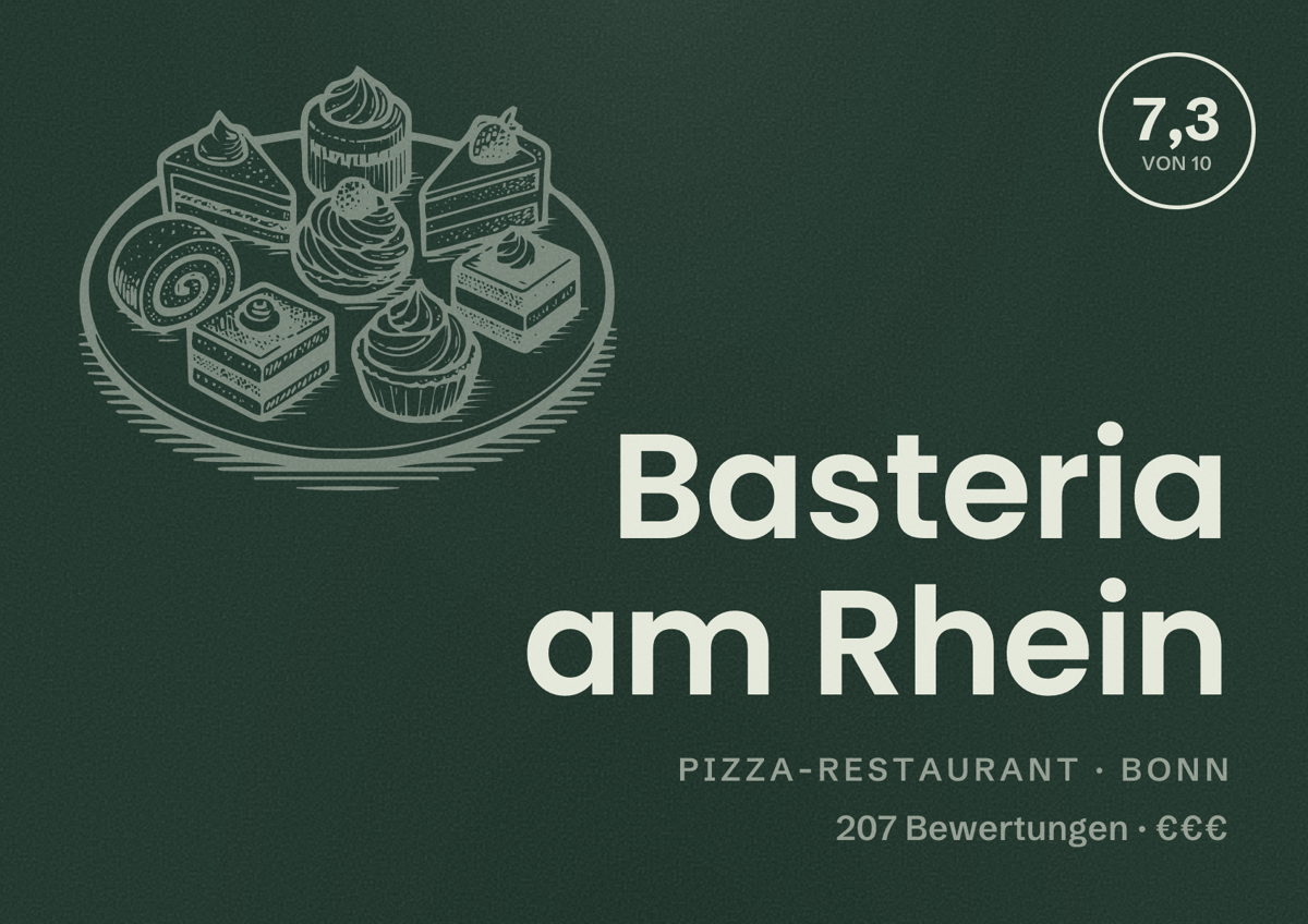 Illustriertes Poster von Basteria am Rhein, Pizza-Restaurant in Bonn: Bewertung 7,3 von 10 aus 207 Bewertungen, Preisniveau €€€