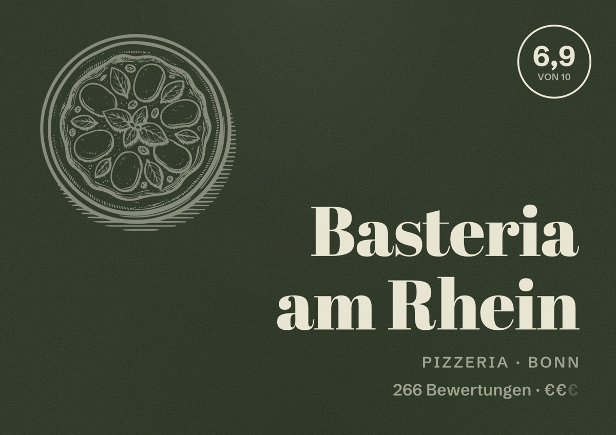 Illustriertes Poster von Basteria am Rhein, Pizzeria in Bonn: Bewertung 6,9 von 10 aus 266 Bewertungen, Preisniveau €€