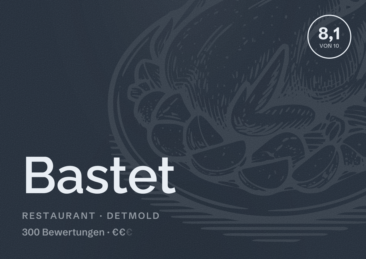 Illustriertes Poster von Bastet, Restaurant in Detmold: Bewertung 8,1 von 10 aus 300 Bewertungen, Preisniveau €€