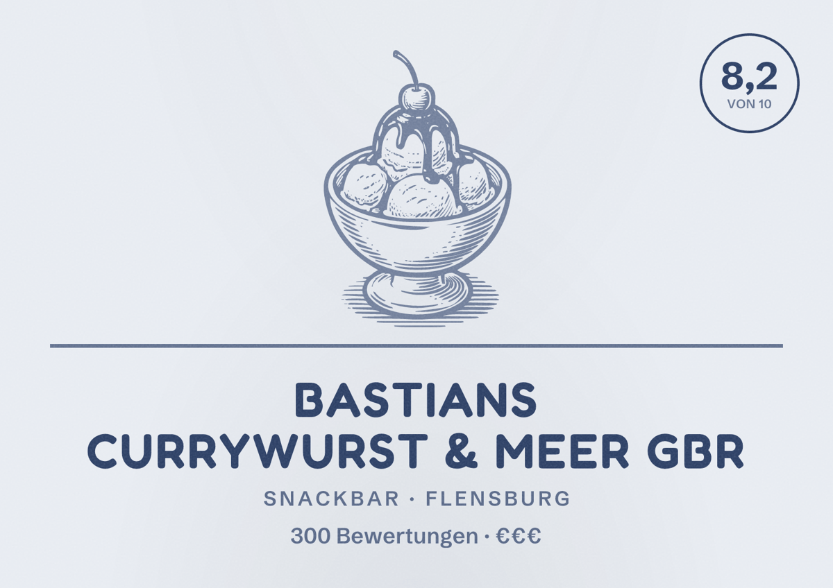 Illustriertes Poster von Bastians Currywurst & Meer GbR, Snackbar in Flensburg: Bewertung 8,2 von 10 aus 300 Bewertungen, Preisniveau €€€