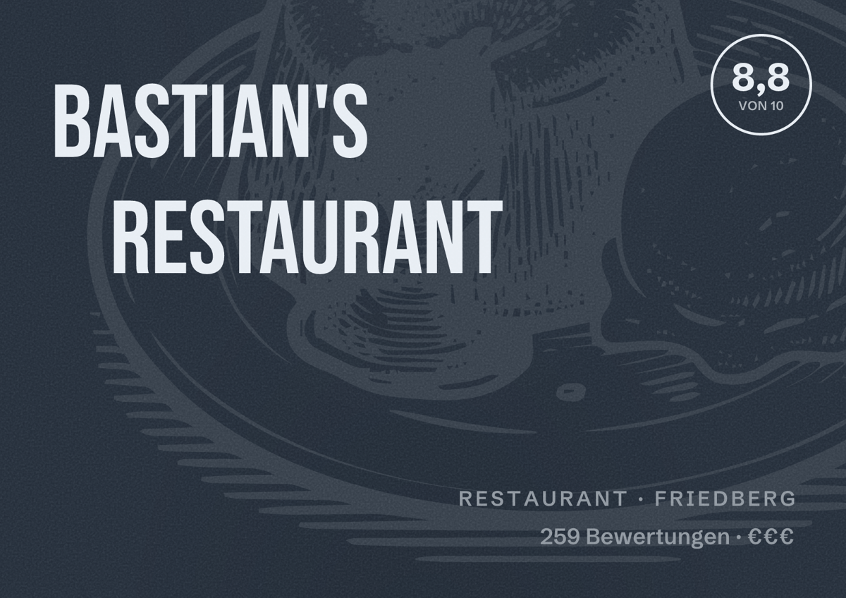 Illustriertes Poster von Bastian's Restaurant, Restaurant in Friedberg: Bewertung 8,8 von 10 aus 259 Bewertungen, Preisniveau €€€
