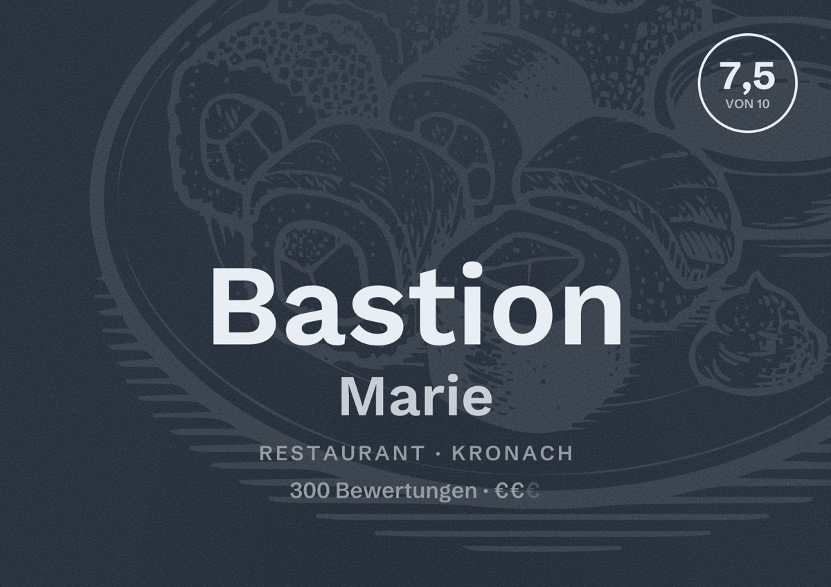 Illustriertes Poster von Bastion Marie, Restaurant in Kronach: Bewertung 7,5 von 10 aus 300 Bewertungen, Preisniveau €€