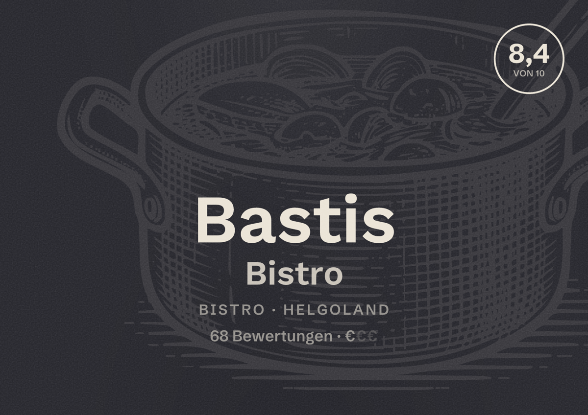 Illustriertes Poster von Bastis Bistro, Bistro in Helgoland: Bewertung 8,4 von 10 aus 68 Bewertungen, Preisniveau €