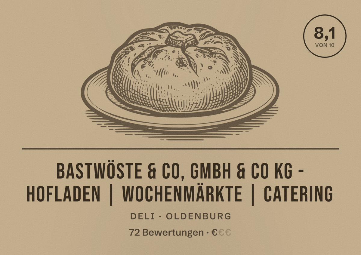 Illustriertes Poster von Bastwöste & Co, GmbH & Co KG - Hofladen | Wochenmärkte | Catering, Deli in Oldenburg: Bewertung 8,1 von 10 aus 72 Bewertungen, Preisniveau €