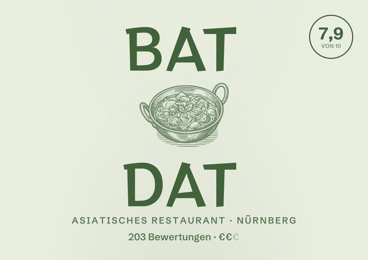 Illustriertes Poster von Bat Dat, Asiatisches Restaurant in Nürnberg: Bewertung 7,9 von 10 aus 203 Bewertungen, Preisniveau €€