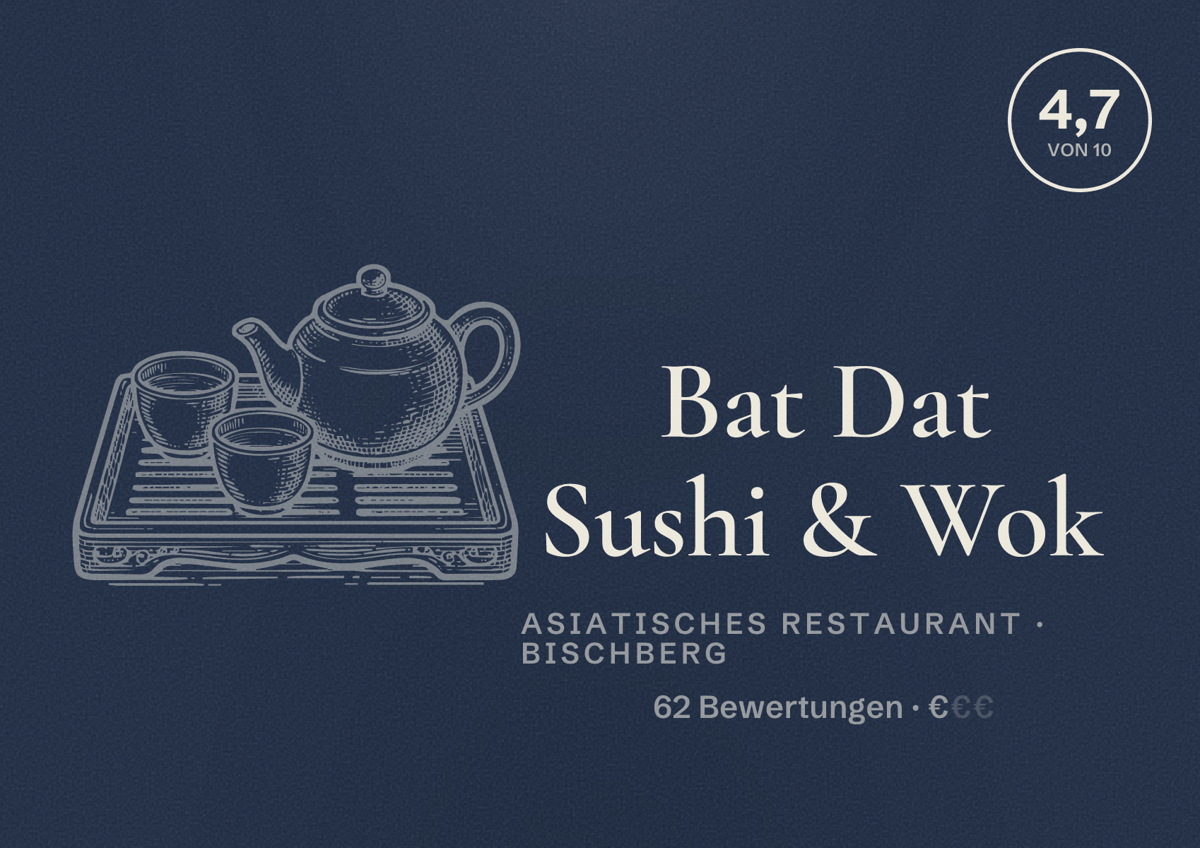 Illustriertes Poster von Bat Dat Sushi & Wok, Asiatisches Restaurant in Bischberg: Bewertung 4,7 von 10 aus 62 Bewertungen, Preisniveau €