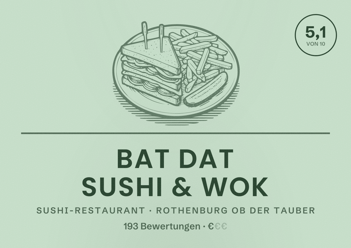 Illustriertes Poster von BAT DAT Sushi & Wok, Sushi-Restaurant in Rothenburg ob der Tauber: Bewertung 5,1 von 10 aus 193 Bewertungen, Preisniveau €