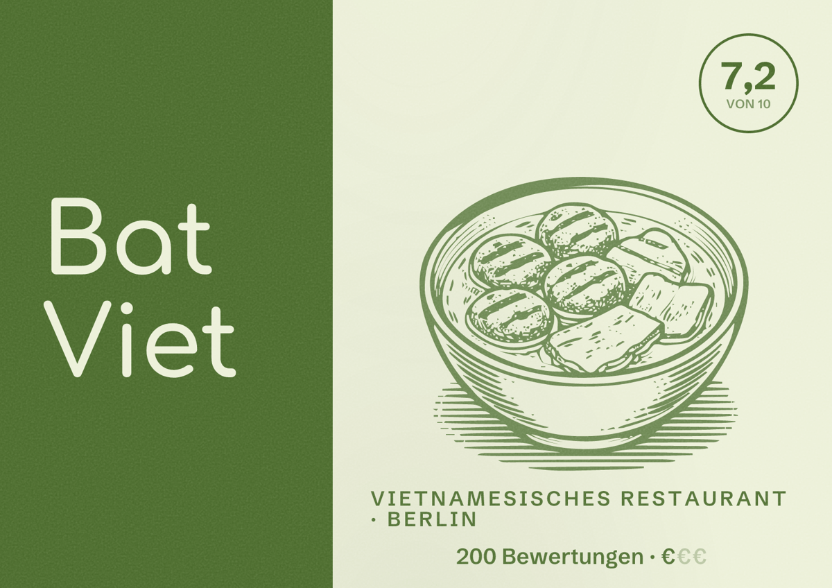 Illustriertes Poster von Bat Viet, Vietnamesisches Restaurant in Berlin: Bewertung 7,2 von 10 aus 200 Bewertungen, Preisniveau €