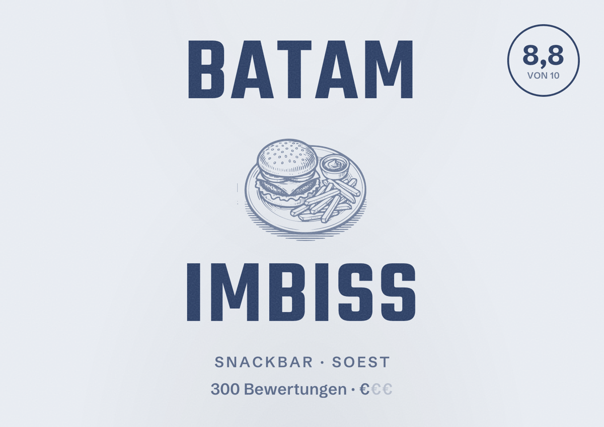 Illustriertes Poster von Batam Imbiss, Snackbar in Soest: Bewertung 8,8 von 10 aus 300 Bewertungen, Preisniveau €