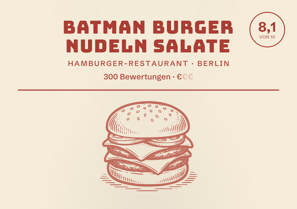 Illustriertes Poster von Batman Burger Nudeln Salate, Hamburger-Restaurant in Berlin: Bewertung 8,1 von 10 aus 300 Bewertungen, Preisniveau €