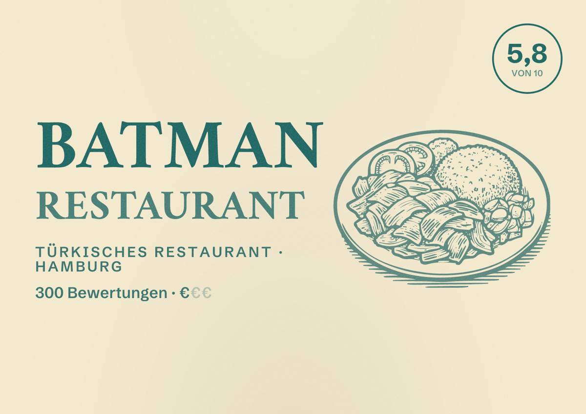 Illustriertes Poster von Batman Restaurant, Türkisches Restaurant in Hamburg: Bewertung 5,8 von 10 aus 300 Bewertungen, Preisniveau €