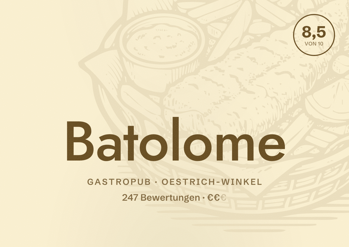 Illustriertes Poster von Batolome, Gastropub in Oestrich-Winkel: Bewertung 8,5 von 10 aus 247 Bewertungen, Preisniveau €€