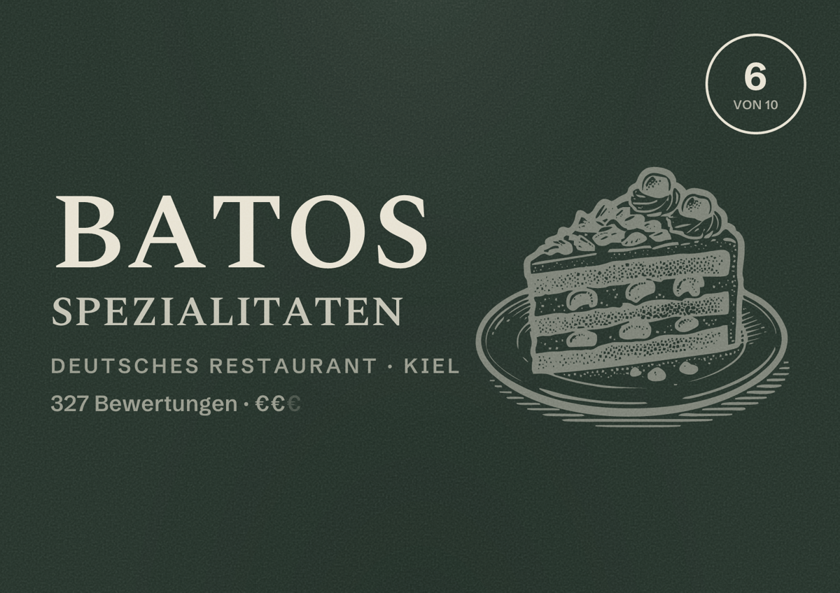Illustriertes Poster von Batos Spezialitaten, Deutsches Restaurant in Kiel: Bewertung 6,0 von 10 aus 327 Bewertungen, Preisniveau €€