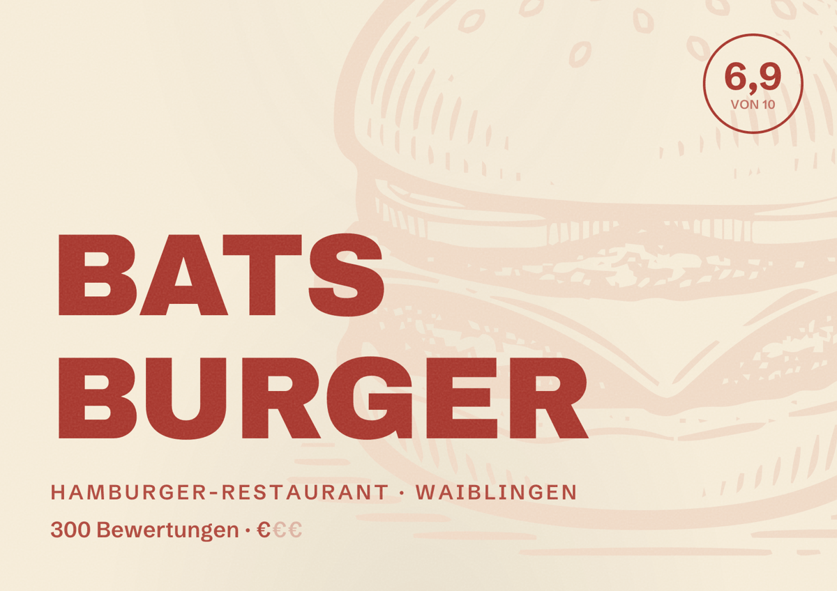Illustriertes Poster von BATS BURGER, Hamburger-Restaurant in Waiblingen: Bewertung 6,9 von 10 aus 300 Bewertungen, Preisniveau €