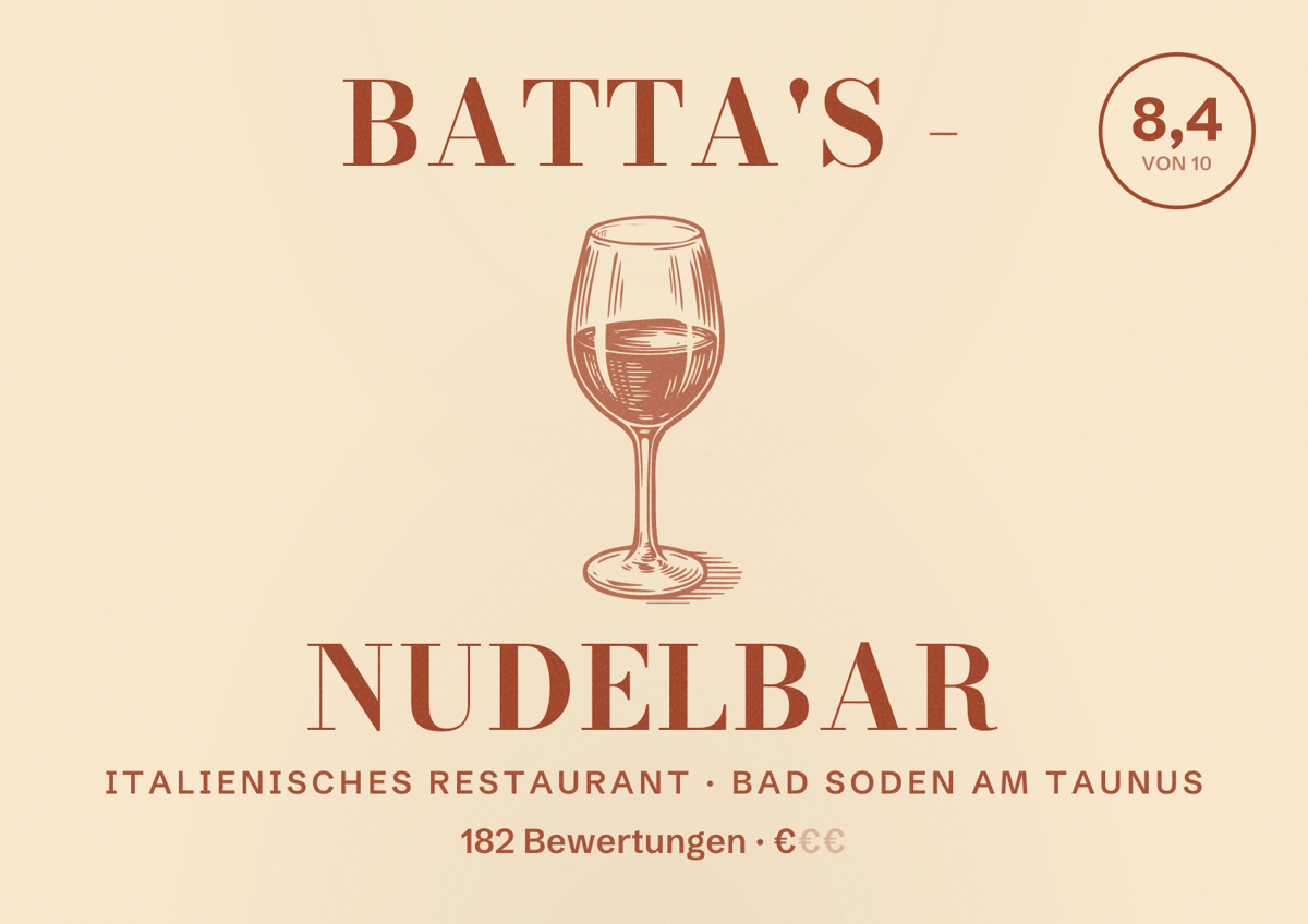 Illustriertes Poster von Batta's - Nudelbar, Italienisches Restaurant in Bad Soden am Taunus: Bewertung 8,4 von 10 aus 182 Bewertungen, Preisniveau €