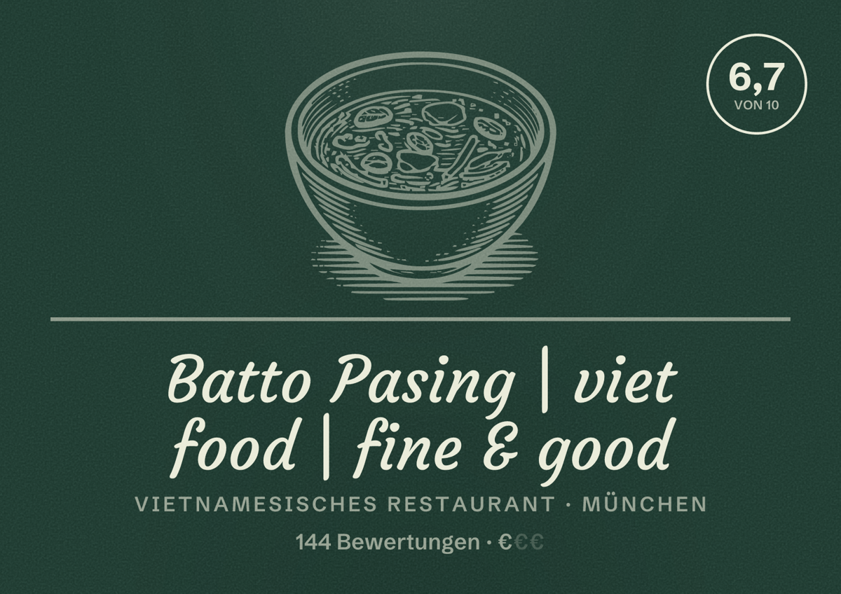 Illustriertes Poster von Batto Pasing | viet food | fine & good, Vietnamesisches Restaurant in München: Bewertung 6,7 von 10 aus 144 Bewertungen, Preisniveau €