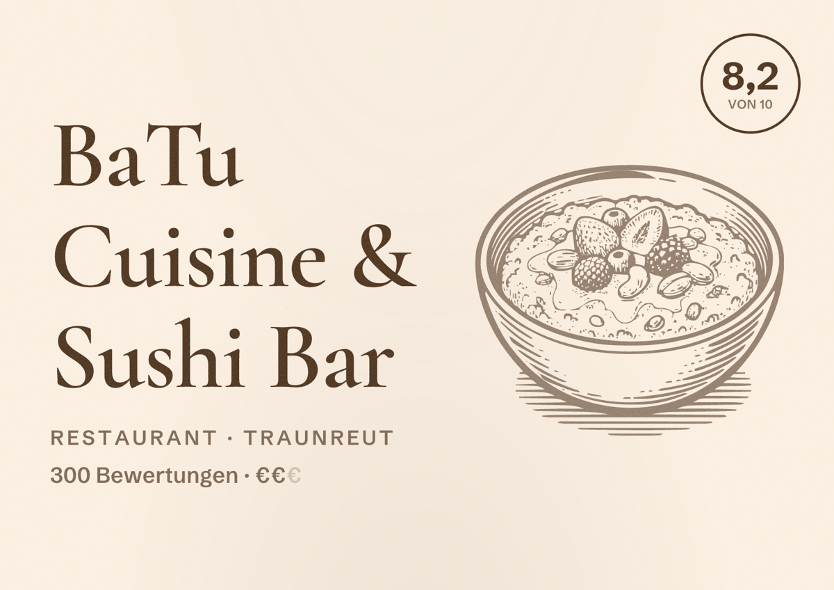 Illustriertes Poster von BaTu Cuisine & Sushi Bar, Restaurant in Traunreut: Bewertung 8,2 von 10 aus 300 Bewertungen, Preisniveau €€