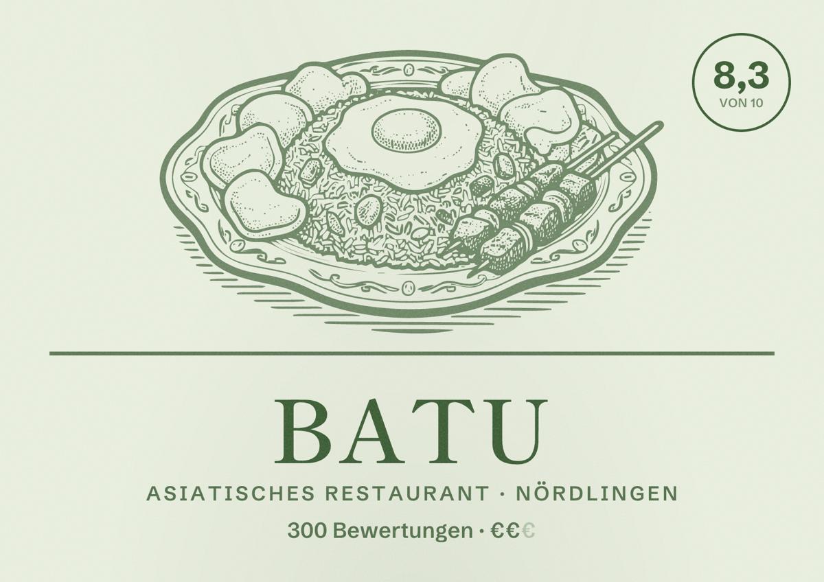 Illustriertes Poster von BaTu, Asiatisches Restaurant in Nördlingen: Bewertung 8,3 von 10 aus 300 Bewertungen, Preisniveau €€