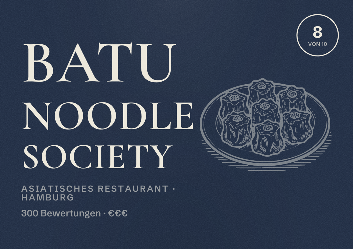 Illustriertes Poster von BATU Noodle Society, Asiatisches Restaurant in Hamburg: Bewertung 8,0 von 10 aus 300 Bewertungen, Preisniveau €€€