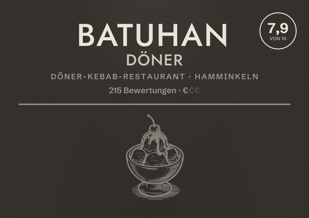 Illustriertes Poster von Batuhan Döner, Döner-Kebab-Restaurant in Hamminkeln: Bewertung 7,9 von 10 aus 215 Bewertungen, Preisniveau €
