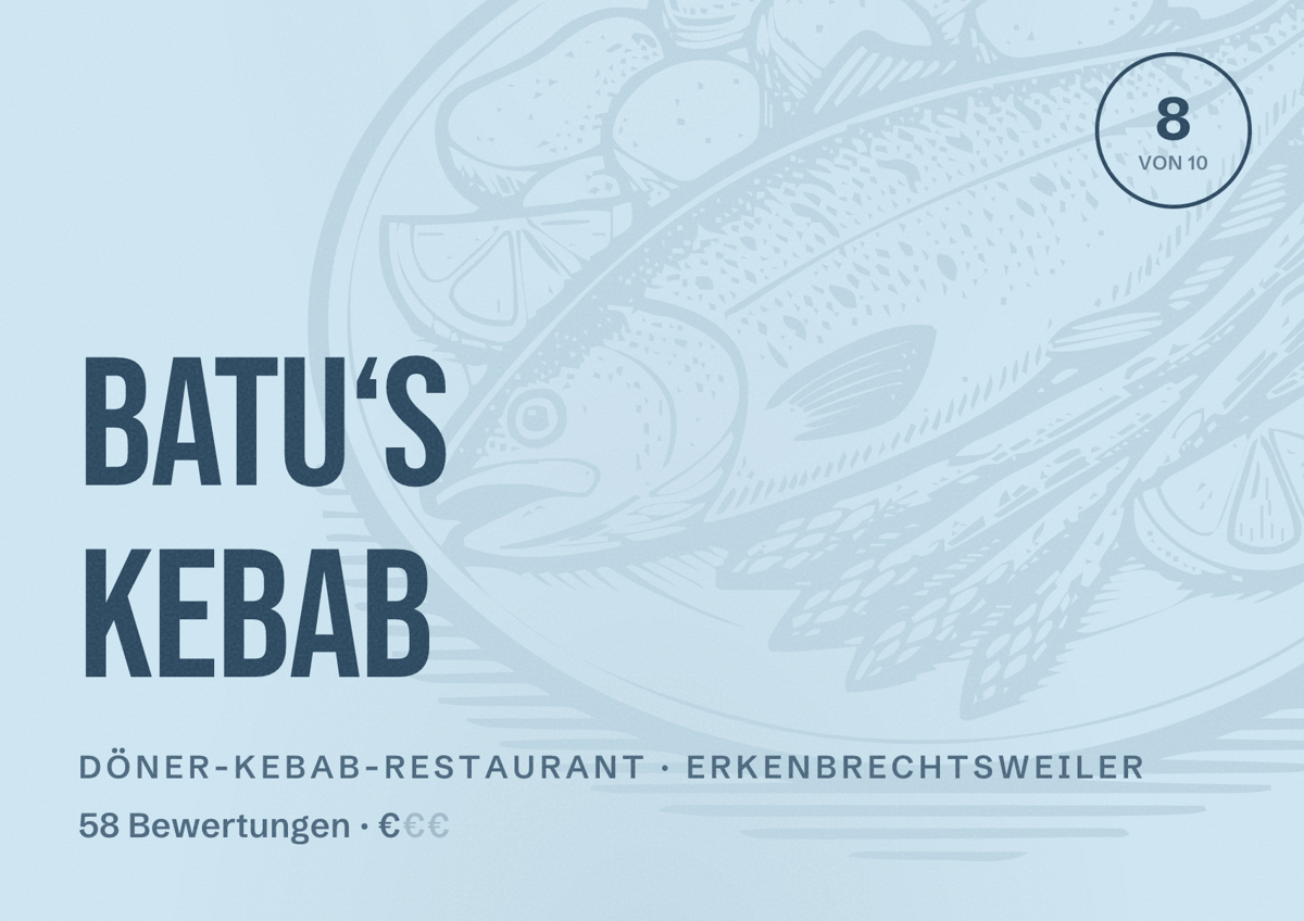 Illustriertes Poster von BATU‘S KEBAB, Döner-Kebab-Restaurant in Erkenbrechtsweiler: Bewertung 8 von 10 aus 58 Bewertungen, Preisniveau €