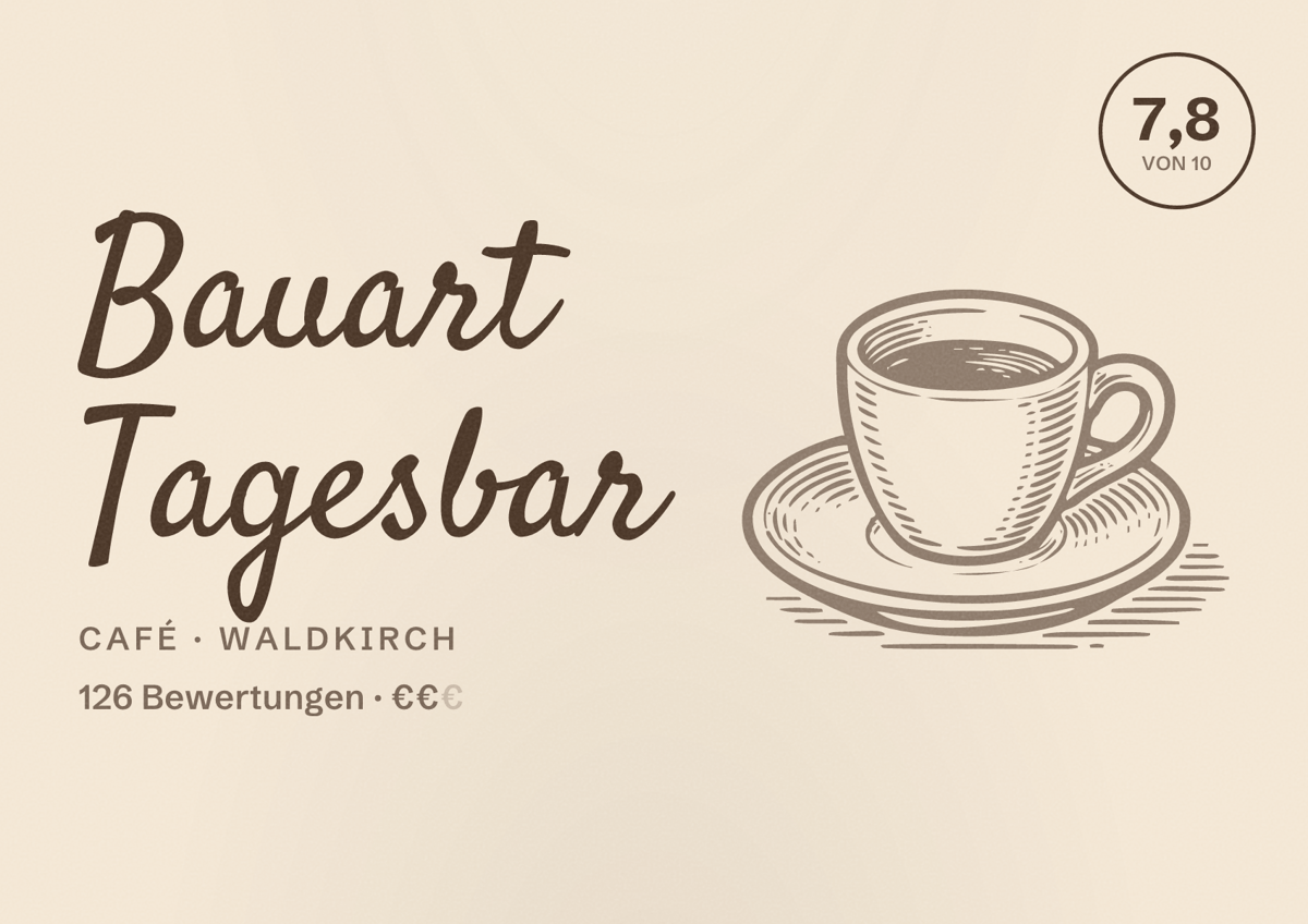 Illustriertes Poster von Bauart Tagesbar, Café in Waldkirch: Bewertung 7,8 von 10 aus 126 Bewertungen, Preisniveau €€