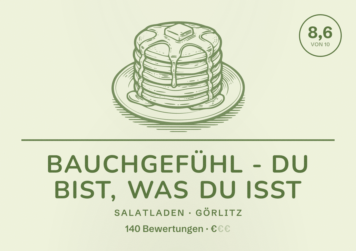Illustriertes Poster von Bauchgefühl - Du bist, was du isst, Salatladen in Görlitz: Bewertung 8,6 von 10 aus 140 Bewertungen, Preisniveau €