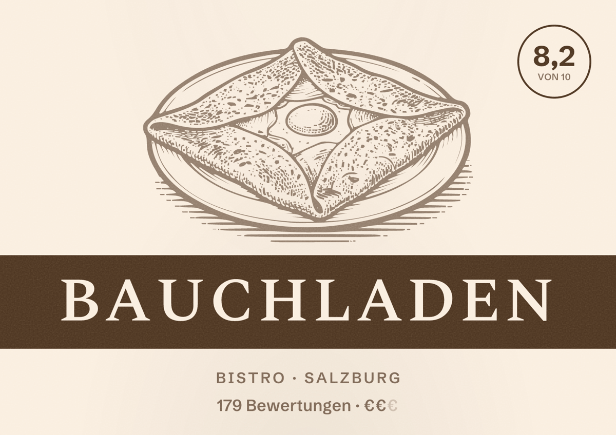 Illustriertes Poster von Bauchladen, Bistro in Salzburg: Bewertung 8,2 von 10 aus 179 Bewertungen, Preisniveau €€