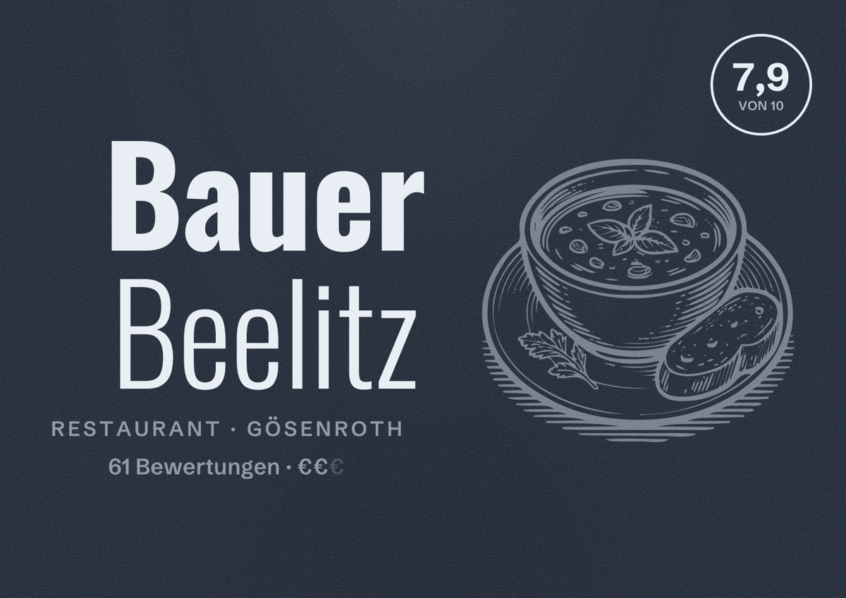 Illustriertes Poster von Bauer Beelitz, Restaurant in Gösenroth: Bewertung 7,9 von 10 aus 61 Bewertungen, Preisniveau €€