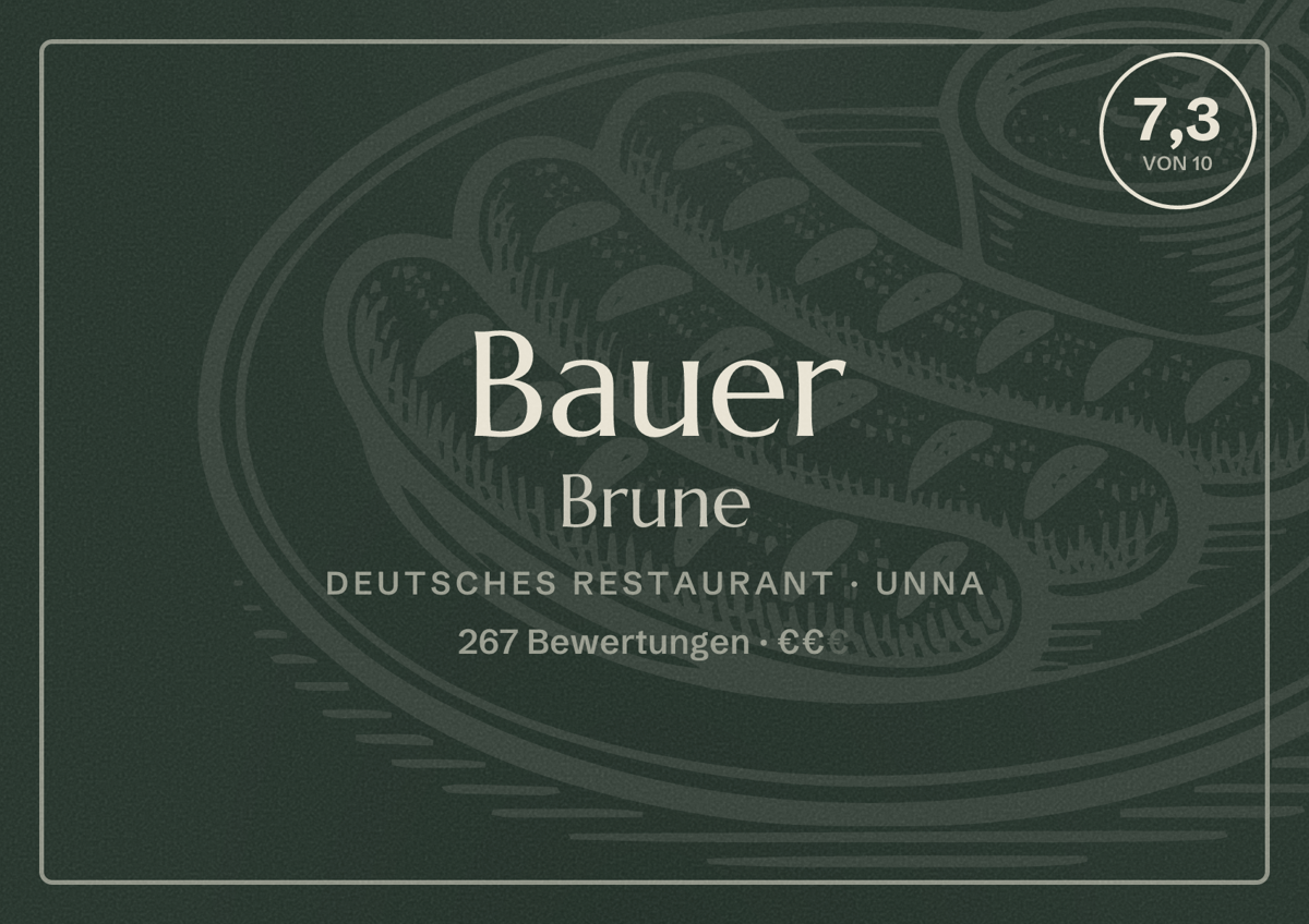 Illustriertes Poster von Bauer Brune, Deutsches Restaurant in Unna: Bewertung 7,3 von 10 aus 267 Bewertungen, Preisniveau €€