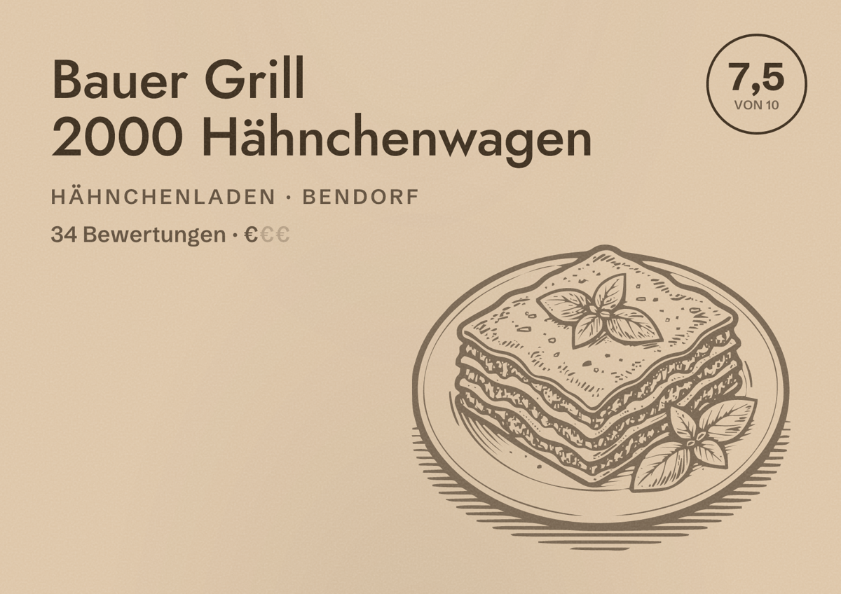 Illustriertes Poster von Bauer Grill 2000 Hähnchenwagen, Hähnchenladen in Bendorf: Bewertung 7,5 von 10 aus 34 Bewertungen, Preisniveau €