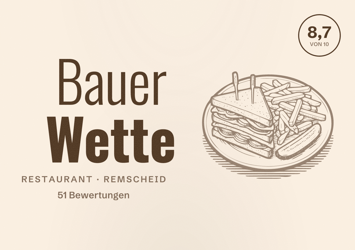 Illustriertes Poster von Bauer Wette, Restaurant in Remscheid: Bewertung 8,7 von 10 aus 51 Bewertungen
