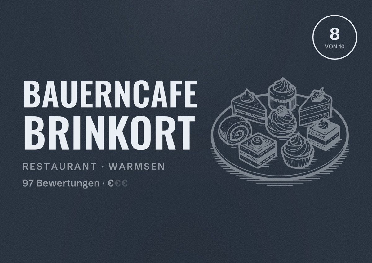 Illustriertes Poster von Bauerncafe BrinkOrt, Restaurant in Warmsen: Bewertung 8 von 10 aus 97 Bewertungen, Preisniveau €