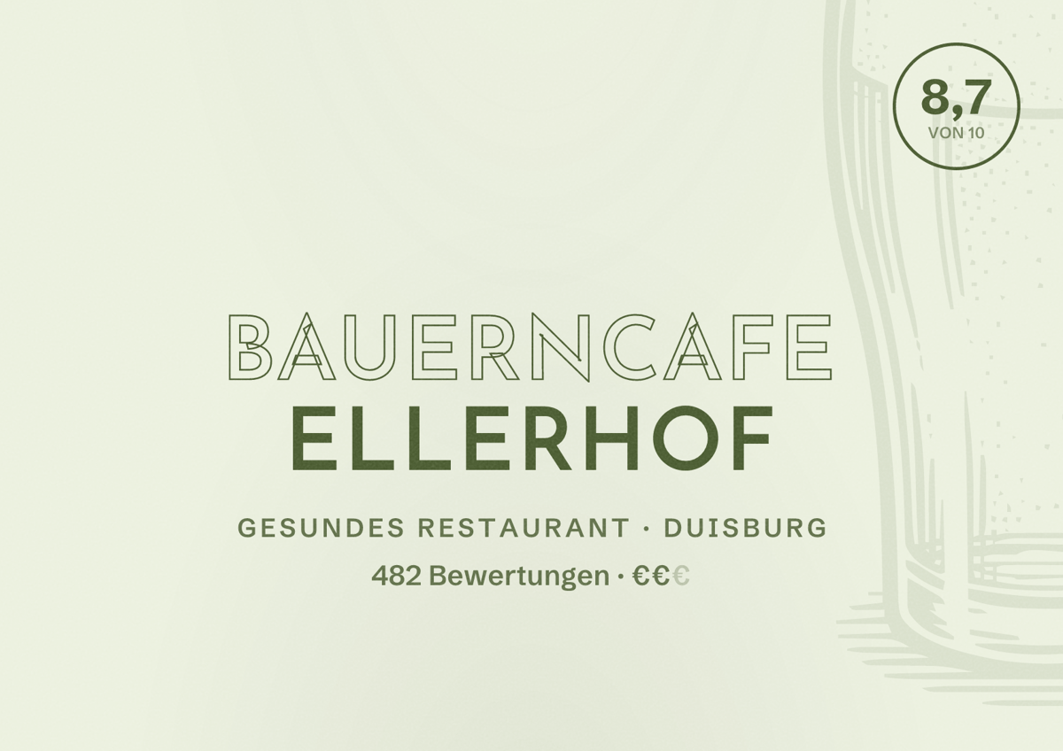 Illustriertes Poster von Bauerncafe Ellerhof, Gesundes Restaurant in Duisburg: Bewertung 8,7 von 10 aus 482 Bewertungen, Preisniveau €€